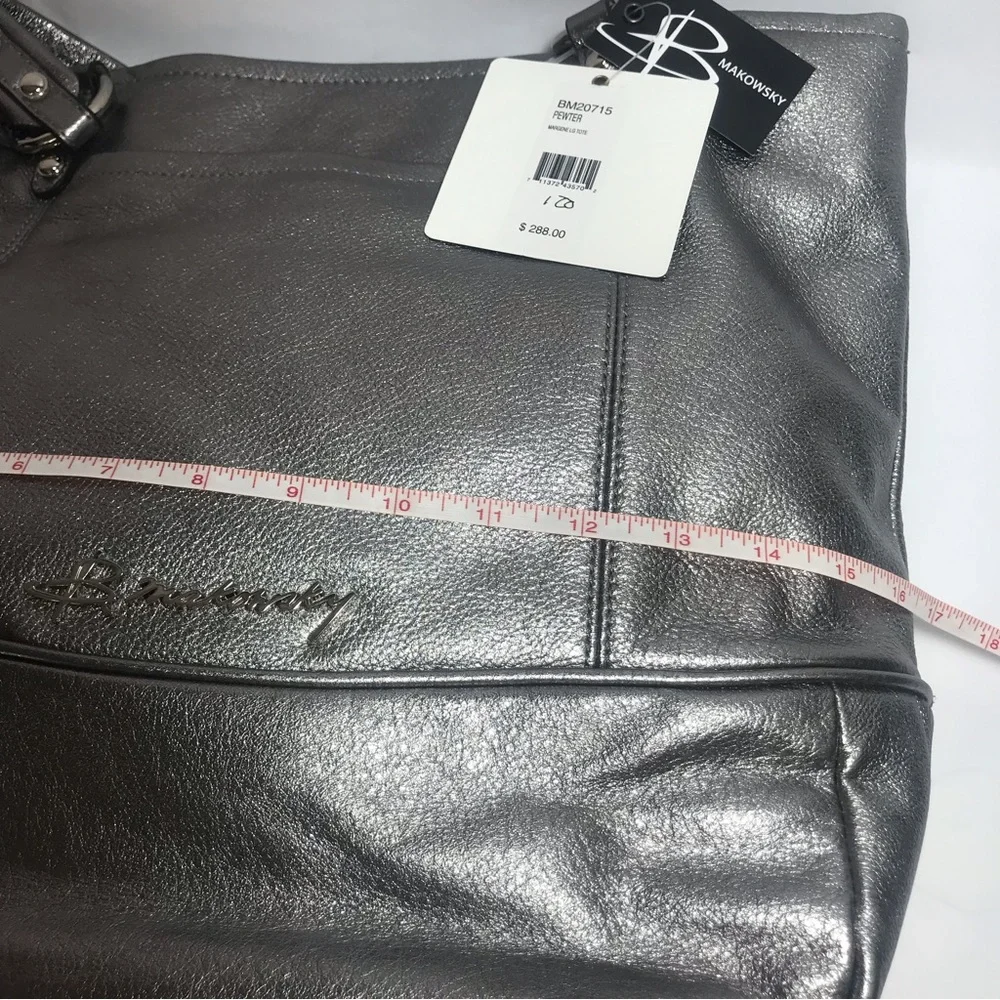 b. makowsky Pewter Metallic Leather XL Tote Bag NWT
